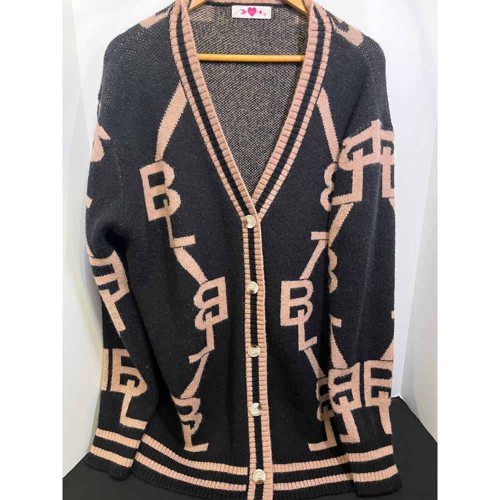 Buddy Love Varsity Cardigan Sweater Black Pink Monogram Logo Oversized One Size